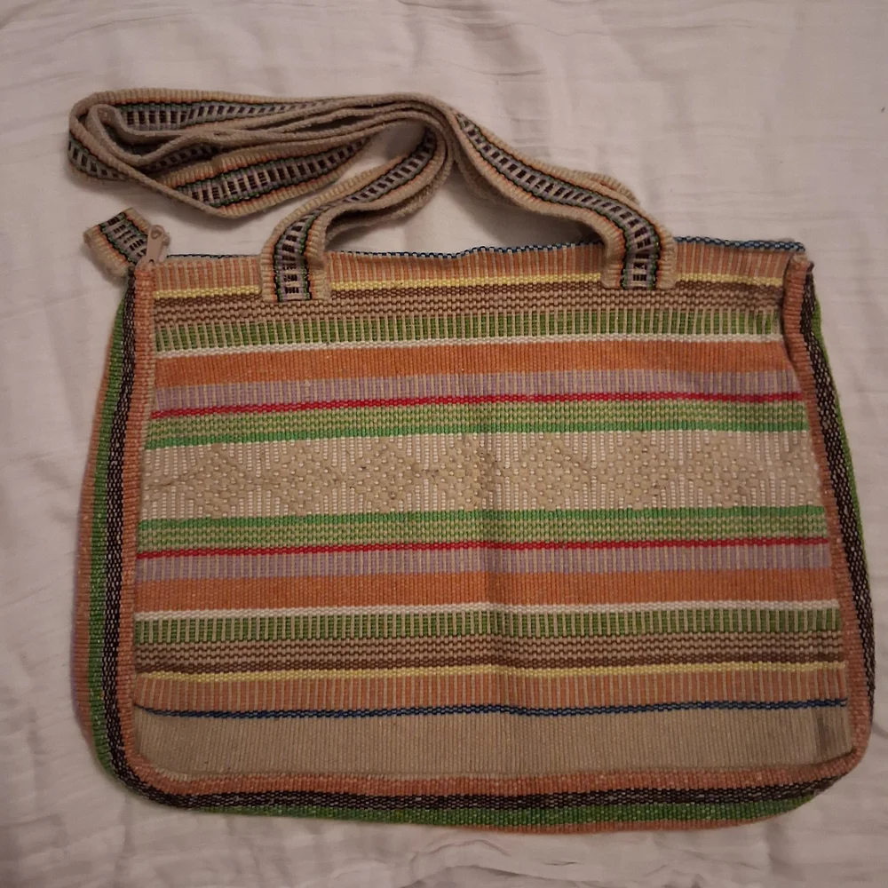 Woven Stripe Tote Bag in Beige with Green, Purple & Orange Accents - Picture 3 of 7